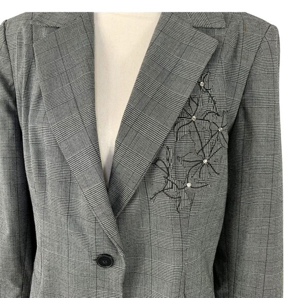 Oscar by Oscar de la Renta Jacket Women 14 Left Side Floral Gray Plaid 1 Button - Picture 4 of 9